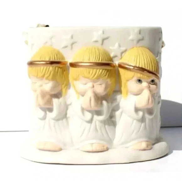Vintage Other - Vtg Hallmark Ceramic Vase Dish Displays 3 Angels Praying~White w/ Stars Heaven